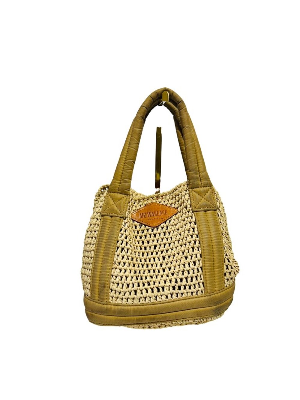 MZ Wallace Womens Raffia Mini Tote in the Camel colorway Quilted Leather Accents
